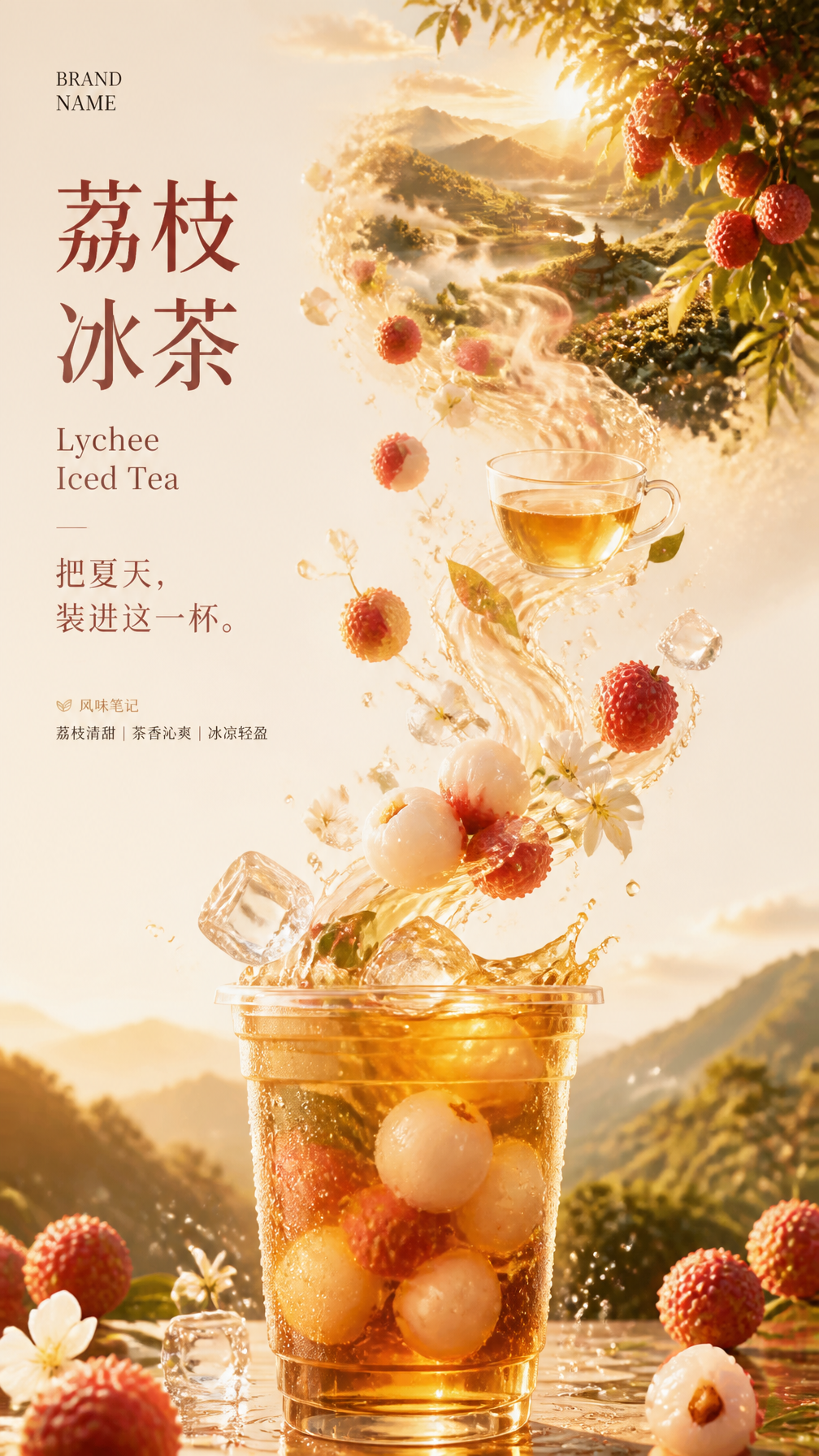 制作一张国际品牌级商业饮品广告海报,主题《荔枝冰茶》,高端品牌KV视觉,现代极简商业摄影风格,Apple官网广告美学,高级杂志Editorial Design,Premium Beverage Advertising,整体画面高级、干净、大量留白、电影级光影。 画面底部放置一杯透明塑料杯荔枝冰茶作为视觉中心,杯身布满真实冷凝水珠,透明冰块晶莹剔透,琥珀色茶汤清澈通透,杯内加入完整荔枝果肉、荔枝果粒和少量冰块,液体层次丰富,真实商业摄影质感,超写实,8K超高清。 从杯口向天空延伸出一条充满动感的水果风味长廊,采用S形流动构图,由粉白色果汁、水花、透明冰块、茶香雾气自然交织,形成流畅的视觉引导。 空中漂浮大量新鲜荔枝,包括完整荔枝、剥开的荔枝、晶莹饱满的荔枝果肉,搭配少量绿叶、白色荔枝花、透明水珠、果汁飞溅,表现荔枝的新鲜和甜美。 水果与茶香一直向画面顶部延伸,并逐渐融合成一幅梦幻夏日茶园景观。背景为夕阳下的中国茶园,层叠茶山、湖泊、远山、晨雾、小亭子、蜿蜒小路,阳光穿过树叶形成丁达尔光,整体充满治愈感和电影氛围。 右上角保留一棵真实荔枝树,枝头挂满成熟荔枝,作为自然取景框,增强空间层次。…