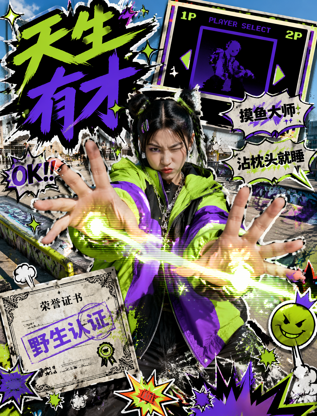 将“Y2K街头贴纸拼贴风格(Y2K Streetwear Sticker Collage Style)”作为锁定视觉风格。创建 16:9 的图像。主体:一个眼神叛逆、双手向前做出“发射超能力光波”搞怪姿势的酷女孩,呈现为大型剪贴照片人像。动作:身体向后倾斜,双手带有强烈的透视感和动态。道具/产品:无数散落的二维漫画爆炸气泡、盖有“野生认证”钢印的荣誉证书贴纸、以及带有复古扫描线的效果光波特效。环境/空间:午后的城市涂鸦滑板场,带有彩绘水泥斜坡和金属管道。背景/嵌套层:一个倾斜的长方形嵌套面板,外形模仿复古红白机的游戏选人界面,内部显示另一个角色的像素像素剪影。服饰/造型细节:身穿大码(Oversized)极光绿与亮紫色撞色的街头风衣,戴着金属粗链条项链。主文本(大字汉字):天生有才次要文本(辅助汉字):摸鱼大师 / 沾枕头就睡强调符号:✨…
