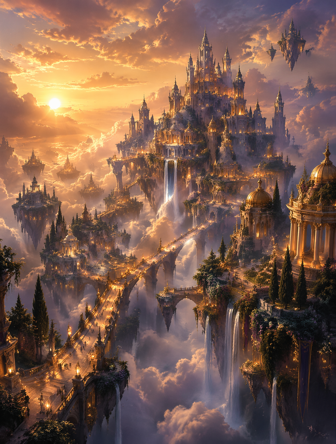 Create an epic fantasy city floating high above the…