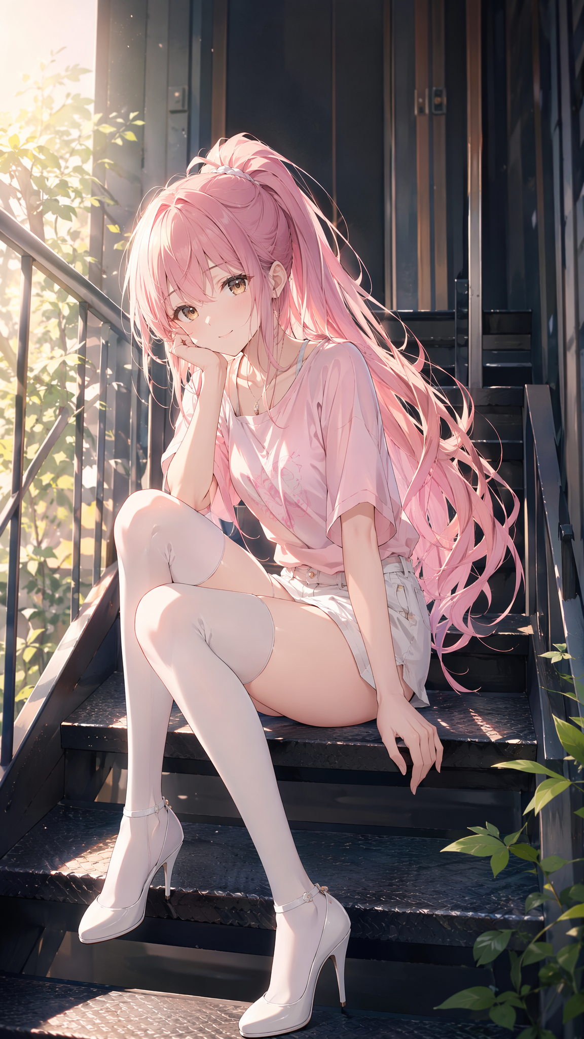 竖屏手机壁纸,二次元动漫插画,粉色长发年轻少女坐在室外楼梯上,超长粉发高马尾,发丝柔顺飘散,金棕色眼睛,温柔微笑, 侧身坐姿,一只手托腮,一只手自然垂下,穿浅粉色短袖T恤、白色短裤、白色过膝袜、白色高跟鞋,清新甜美风格,背景为深色 金属楼梯与栏杆,阳光从左侧洒入,强烈明暗对比,柔和高光,浅色皮肤,干净画面,细腻发丝,精致五官,日系赛璐璐与厚涂结 合,高细节,治愈氛围,夏日午后,主体居中偏左,人物占画面主体,顶部与底部保留手机壁纸留白,portrait mobile wallpaper, anime girl, pink…