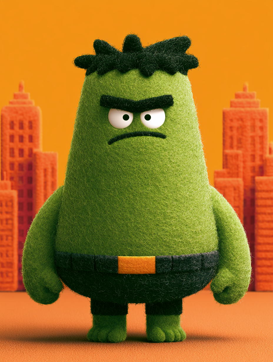 A stylized, rounded caricature of hulk stands centered against…