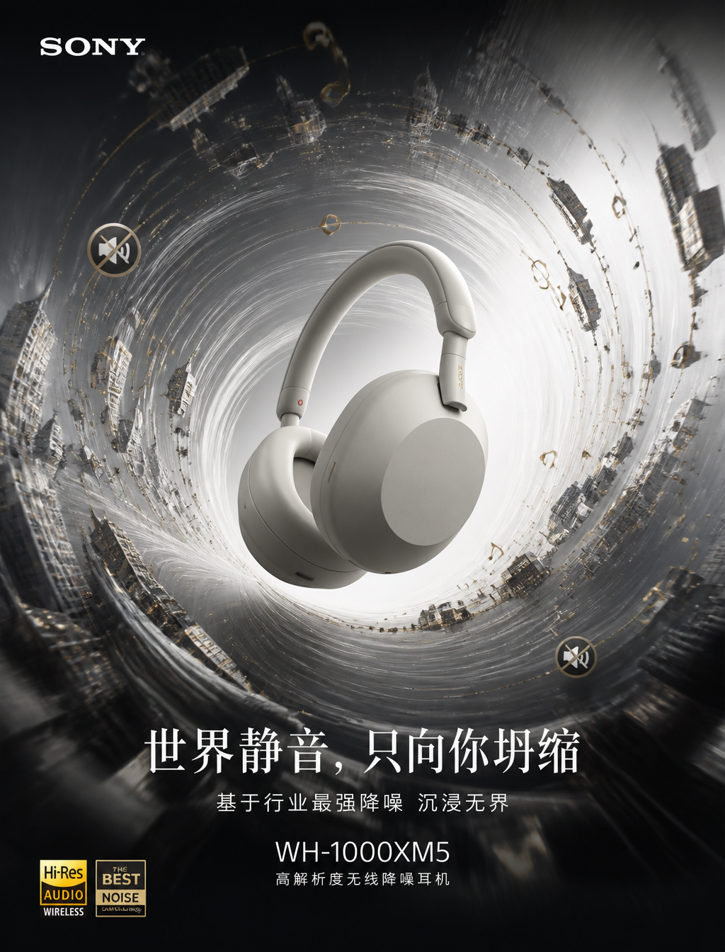 为Sony WH-1000XM5降噪耳机制作「万有引力」产品广告海报。主体:Sony WH-1000XM5降噪耳机悬浮于视觉中心,作为强大引力源,将可视化声波波纹、城市噪音碎片、金色音符和静音符号以戏剧性弯曲轨迹吸入周围。产品保持绝对锐利、无畸变、完美对焦,铂金银机身细节清晰可见。空间:真实空间漩涡,透视扭曲,径向运动拖尾,环境元素向耳机弯曲变形。标题:「世界静音,只向你坍缩」—— 基于行业最强降噪沉浸无界,使用引力隐喻,简短有力。视觉:干净编辑式背景,充裕负空间,电影级商业布光,铂金银+哑光黑克制点缀,真实物理效果,强烈纵深感。标准:超现实但可信,精致极简,高冲击力,无无关物体,无杂乱堆砌,全球顶级广告美术指导。