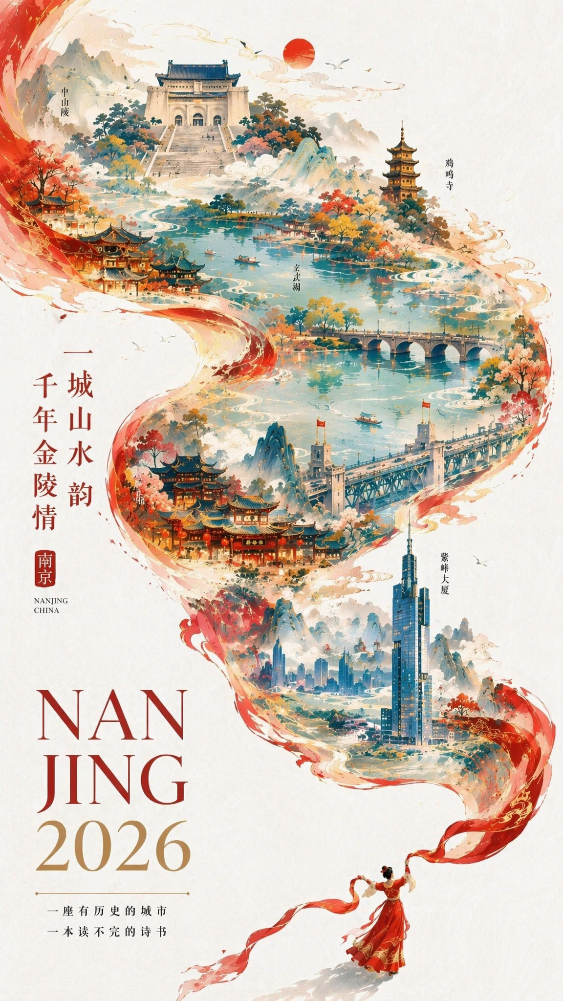 一张充满新春喜庆氛围但不失高雅格调的 2026 城市宣传海报。 双重曝光,构图延续了S型的流动感; 在纯白的纹理背景右下角,一个身穿中国传统服饰的微缩人物正在挥舞着一条长长的红色丝绸舞带,这条红绸在空中舞动,不仅展现出丝绸的柔顺质感,更在向左上方飘动的过程中,奇幻地变形成了一条壮丽的山脉河流。 在这条“河流”中,叠加了一个有山有海河的南京城市手绘图,国潮,景色尽在眼底,壮阔雄伟,令人震撼。 上海的地标建筑(中山陵、夫子庙、鸡鸣寺、玄武湖、紫峰大厦、长江大桥)。 云雾环绕,仙气缥缈,色彩丰富,结构复杂,细节丰富,但因为大面积的留白,画面依然显得清新脱俗,左下角排版着“NAN JING…