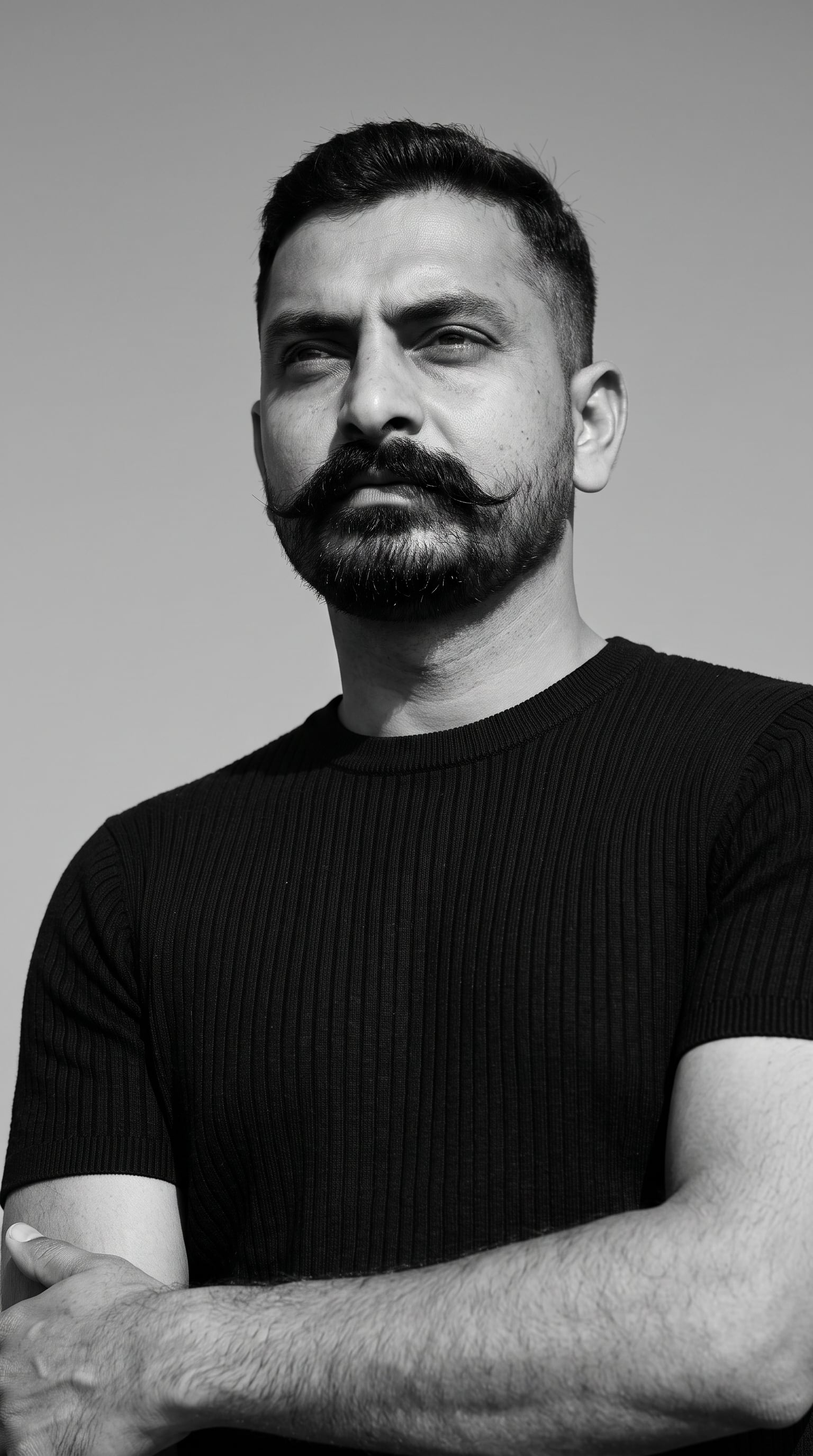 Ultra-realistic black-and-white editorial portrait, low-angle shot, 4:5 aspect ratio.…