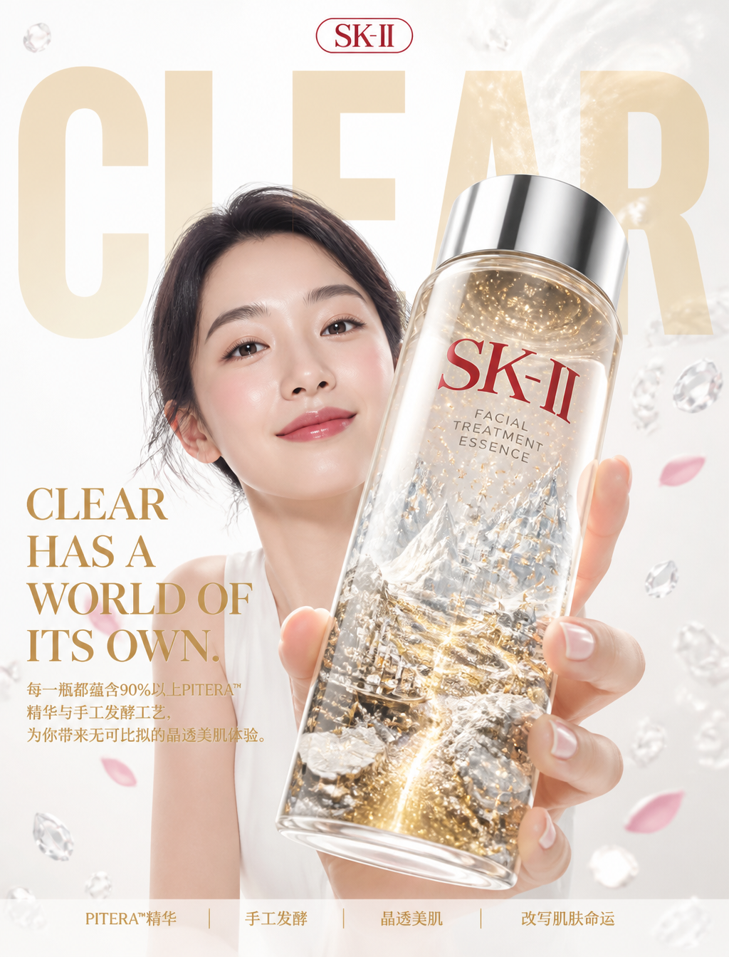 生成一张世界级品牌广告级护肤海报,采用大胆商业版式 × 超现实写实主义风格,照片级真实感,奢侈品编辑级视觉叙事,无AI痕迹。竖版构图,适配中国大陆社交媒体。核心创意:"晶透自有其世界。" SK-II神仙水的经典玻璃瓶内部展开为微缩晶透酵母微观宇宙——透明水晶山脉、金色酵母微粒河流、PITERA™成分光桥、微型实验室场景、酵母细胞气泡屋、晶透光线折射、金色微粒漂浮、纯净冰川地形、微型科学家在显微镜下观察、钻石切面光塔照亮一切,手工crafted质感,充满生命力。年轻亚洲面孔护肤爱好者手持经典玻璃瓶朝向镜头,轻松微笑,兴奋期待,直视镜头,现代优雅中性色调着装。经典玻璃瓶以前景强势透视占据画面主导。标志性SK-II白(#FFFFFF)+ 香槟金大型圆角矩形背景,大面积干净白色负空间,高端极简构图。巨型粗体标题"CLEAR"大幅裁切置于主体后方,带微妙景深层次。晶透精华雾气自然升起,在主体上方幻化为钻石云朵。金色酵母微粒如星尘飘浮,水晶碎片飘散空气中,微妙纯净光线从瓶中放射,钻石闪光点缀。柔和体积光穿透精华雾气。图形元素:金色酵母微粒、水晶碎片、飘浮玫瑰花瓣、晶透精华雾气、钻石闪光、柔和体积光、高端护肤造型。配色:SK-II白#FFFFFF、香槟金#F7E7CE、酵母金#D4AF37、冰川蓝#E3F2FD、柔和白#FAFAFA、玫瑰粉#F8BBD0。文字系统:顶部胶囊标签"SK-II";主标题"CLEAR HAS A WORLD OF…