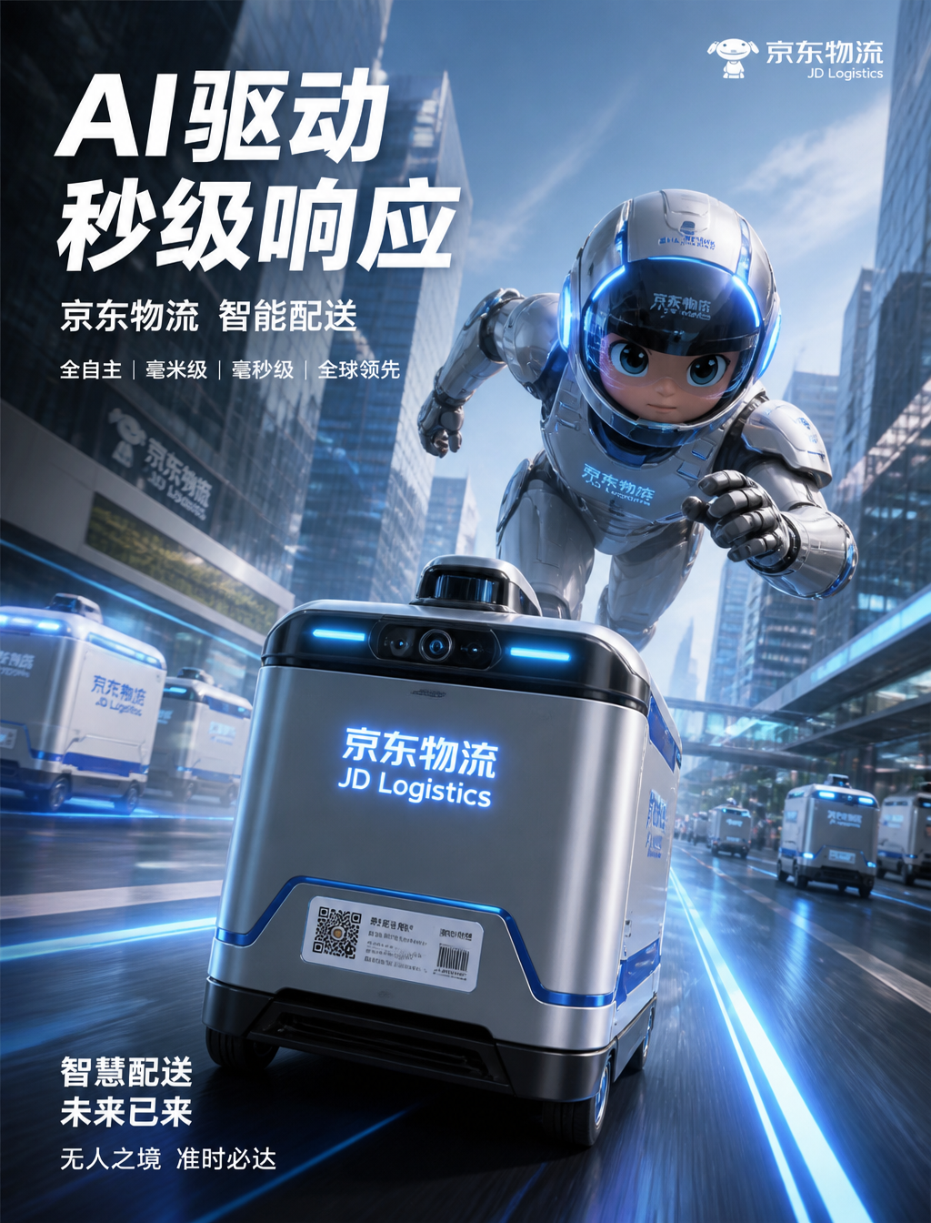 为 京东物流 打造一张超高端广告海报,核心围绕夸张广角透视、超写实智能物流产品细节、定制 3D 卡通无人配送角色,以及真实智慧仓储城市环境。画面需传递科技感、速度、未来感、电影感,并一眼即可识别为全球顶级 京东物流 智能物流广告大片。构图应捕捉 AI 驱动极速配送的兴奋感:强低角度镜头、巨型智能包裹/设备主导前景、英雄感定制卡通无人配送角色冲过真实智慧城市街道。核心构图:采用戏剧性低角度超广角透视,京东物流…
