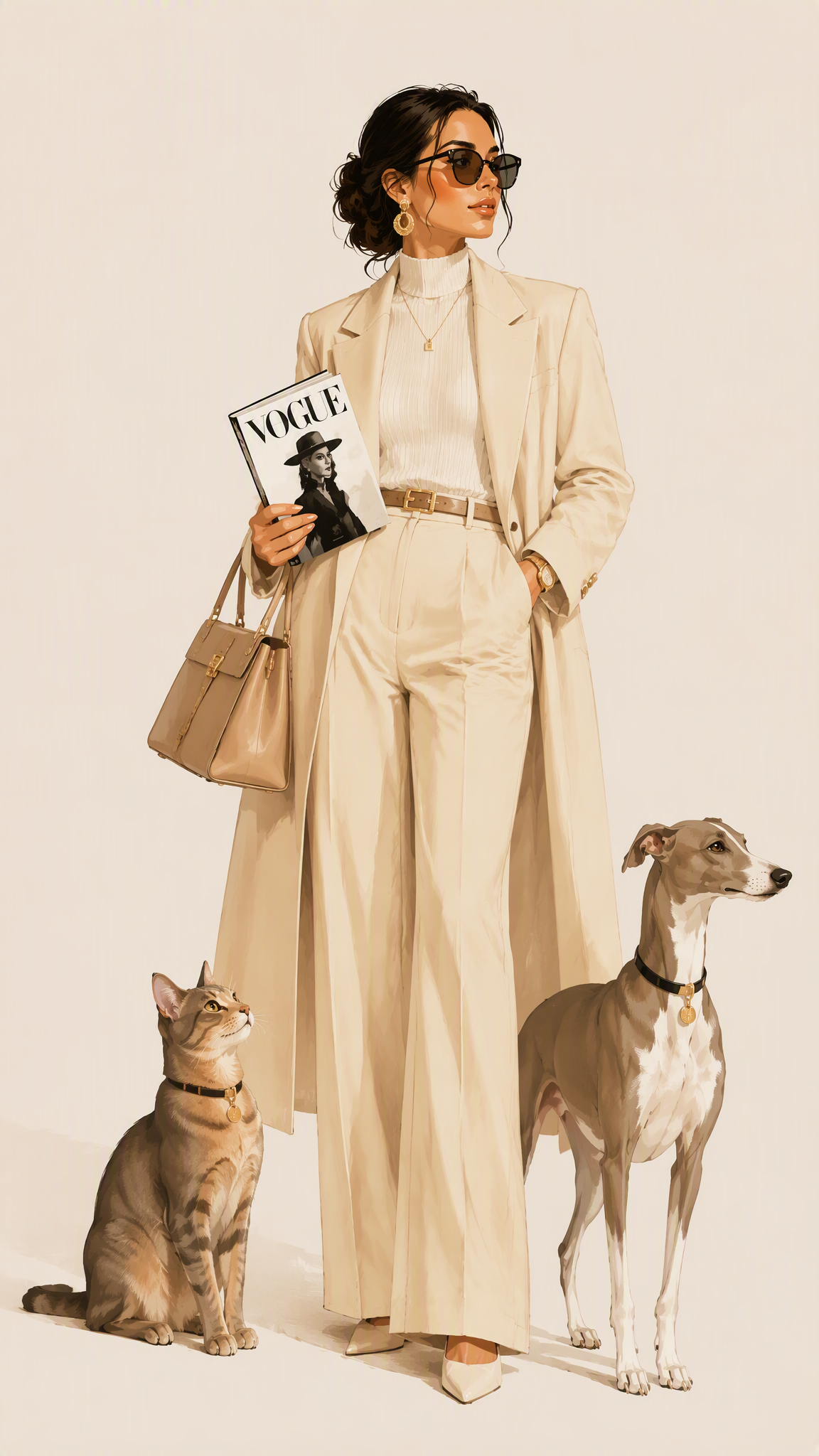 Create a luxury fashion illustration featuring a stylish Asian…