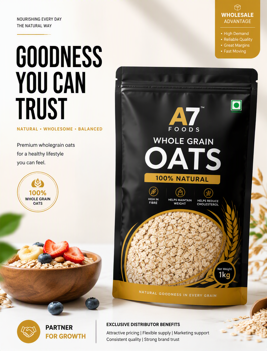 一张高端食品品牌商业海报,4:5竖构图,超高清分辨率。现代Z世代审美,干净极简,高级商业广告质感。锐利的影棚产品摄影,强视觉层级,精致排版,大量留白。高级黑/白/中性底色 + {{点缀色}}作为唯一点缀色。无卡通元素,无廉价感,不做夸大宣传。主体:将{{产品图}}中的燕麦包装原样置于画面中心或微偏中心,以戏剧化但真实的角度拍摄,保持袋身/盒身、封口、标签、比例、材质、品牌标识完全不变,产品为绝对视觉焦点。背景:次要的柔和背景,融合木碗/新鲜水果/晨光/抽象谷物纹理/厨房台面/健康与活力氛围,不抢产品风头。文字层级:- 主标题:{{主标题}}- 副标题:{{副标题}}- 支持语:{{支持语}}- 经销商角标:{{批发卖点}}- 经销商说明:{{批发说明}}风格细节:- crisp无衬线字体,强对比-…