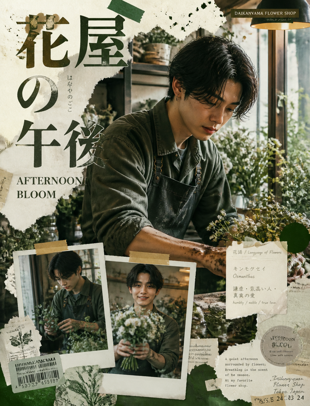 Y2K日系街头编辑拼贴海报,东亚面孔年轻男性,代官山小众花店操作台前,袖口沾着泥土与花瓣碎屑,眼神温柔却带着一丝不易察觉的疲惫,自然皮肤纹理干燥唇纹微卷中分发型,花店落地窗自然柔光与暖色工作灯交织的柔和戏剧布光,安静中带着治愈感的表情,RAW单反超写实时尚摄影;底部2张撕边拍立得拼贴——一张低头修剪尤加利叶,一张手捧花束对镜头浅笑,胶带固定效果;超大粗体日文排版「花屋の午後」+少量英文「AFTERNOON BLOOM」,杂志剪贴、花束包装纸碎片、手写花语卡片、植物图鉴残页、Barcode贴纸、粗糙纸质肌理、墨迹泼溅、胶片颗粒、胶带碎片、多层拼贴;前卫干净日系时尚Zine,苔藓绿×奶油白中性色调,8K超精细,无粉色无气泡无卡通感
