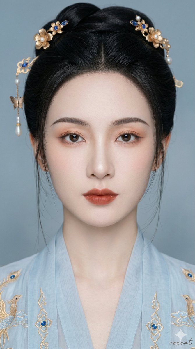 东方古风清雅女性正面肖像,超近景贴脸特写,人物正面面对镜头,头部端正,视线直视镜头,脸部几乎充满画面,构图集中,双眼位于视觉中心,整体呈现强烈的人脸主导感。 人物气质清雅、端庄、疏离、含蓄,像高门贵女、仙门弟子、带距离感的古典仕女,安静中带一种不容轻犯的从容。整体观感干净、精致、高级,不做甜美活泼感,不做冷艳危险感,不做现代时尚感。 脸型为窄长鹅蛋脸,脸宽较窄,纵向比例偏长,面中舒展,整体轮廓收紧修长,面部留白适中。额头中等偏高,发际线整齐、轮廓饱满流畅。太阳穴平顺微内收但不凹陷,颧弓不外扩,苹果肌轻微平整,不做甜感饱满苹果肌,面中过渡平整流畅,鼻基底适中,法令区干净。下颌线柔和但走向清晰,下颌角弱化,下巴中等长度偏尖,收口利落精致,骨相轻薄修长,上镜感强。 五官精致古典。眉毛为深棕色自然弯眉,眉形柔弧流畅,眉峰轻微自然,眉尾细而下收,眉眼距离适中偏宽,整体呈现古典温柔感。眼睛为细长杏眼偏凤眼感,双眼对称,眼裂偏长,纵向开合中等偏窄,内眼角略尖清晰,外眼角向外轻微上挑,上眼皮薄而干净,双眼皮窄自然,下眼睑存在感清晰,卧蚕轻微精致不膨胀。眼神直视镜头,目光安静、清澈、疏离、端庄,带轻微不可接近感,不做甜妹无辜感,不做冷艳攻击感。睫毛纤长自然,上睫毛柔和拉长,下睫毛纤细分明,不做夸张浓密效果。鼻子为高挺秀气鼻,山根中等偏高自然顺接额头,鼻梁细直干净,鼻背平整挺拔,鼻头小巧精致微圆,鼻尖轻收,鼻翼窄,鼻孔不外露,中轴稳定,东方精致感,不做夸张欧美高挺鼻。嘴唇为中等厚度唇,唇峰清晰柔和,上唇中等,下唇微饱满,唇形端庄古典,嘴角自然平直,不做甜美嘟唇,不做大笑表情。 皮肤为冷白瓷感肤色,白皙通透匀净,底妆为高完成度瓷感底妆,肤质统一干净,细腻柔滑如上釉瓷器,带高级精修感。面中、鼻梁、鼻尖、眼下有轻微提亮,高光克制细腻,不做韩系油亮水光肌。面部轮廓修容精细但克制,鼻侧影自然,颧侧轻微收紧,下颌修容干净,立体度来自柔和明暗关系而不是夸张硬阴影。 妆容为古风仕女感精致妆容,明确带妆,妆感温暖古典。眼妆以暖橘棕、柔和赤茶、浅珊瑚为主色调,上眼影从睫毛根部向上柔和晕染,色彩干净通透,内眼线轻微填满,外眼线纤细柔和向外轻微拉长,眼尾上扬幅度极克制,下眼睑后半段极轻微暖橘晕染,下睫毛纤细分明,卧蚕以窄面积柔和提亮呈现,不做甜妹膨胀卧蚕。眉妆自然克制,色调与发色协调。腮红为柔和暖杏橘色,位置偏面中偏高,存在感低,自然融入肤色。唇妆为中饱和暖红棕、柔和赤茶调,中心略深边缘柔化,唇面保留轻微质感,整体妆容温暖古典、清雅内敛。 发型为黑色盘发古风发髻,发缝自然偏分,发质顺滑,发量适中偏多,头顶盘成精致高髻,两侧有少量碎发自然垂落修饰脸型,额前轻微碎发但不遮挡眉眼主体。发顶轮廓干净圆润。可搭配低调古风发饰,如蓝宝石花簪、金丝蝶饰、小型珠坠流苏,风格雅致精致,不夸张不繁重,与衣饰色调统一。 服饰为浅蓝色至雾蓝色古风广袖衣裳,面料轻透柔软,带轻纱层叠感,肩颈区域布料自然垂落,领口结构精致干净。面料上可见精致金色凤鸟纹刺绣,纹饰繁复但不凌乱,金线细腻闪烁,局部点缀蓝宝石色小型珠饰。整体造型统一于仙门贵女、古典仕女方向。 光线为柔和均匀正面布光,主光正面略偏上打在额头、眼周、鼻梁、唇部,让脸部中央清晰,五官干净立体。光线均匀柔和,不做强烈明暗对比。整体色调偏冷中性偏蓝灰,背景为柔和雾蓝灰色虚化,与服饰色调形成统一色境。人物肤色保持自然冷白,唇部保留暖红棕形成轻微冷暖对比。画面具有影视级真实摄影质感,细节干净,高级精修,非卡通,非插画,非二次元,偏真实摄影与古风写真效果。…