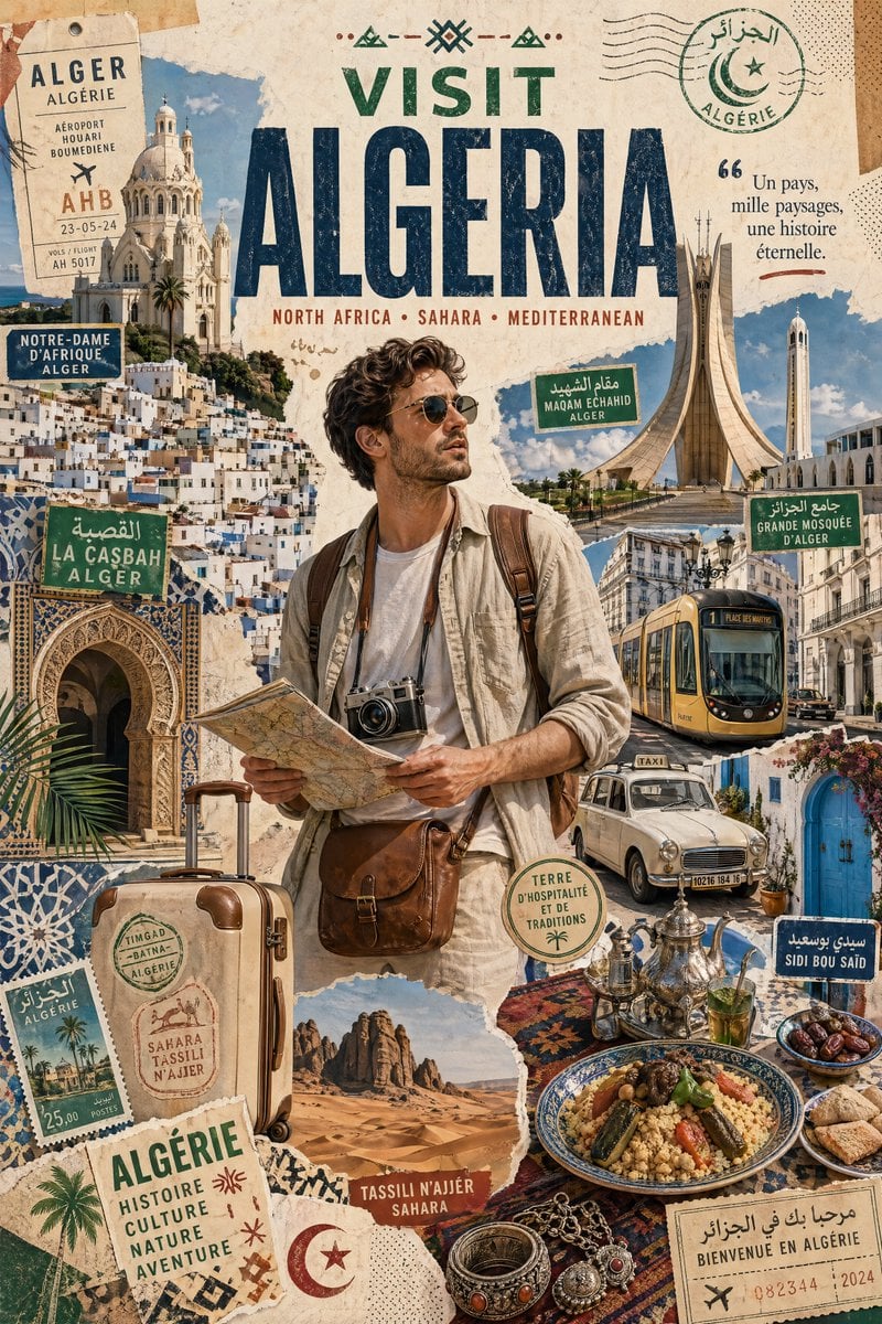 Create a stylized travel poster / graphic collage for…