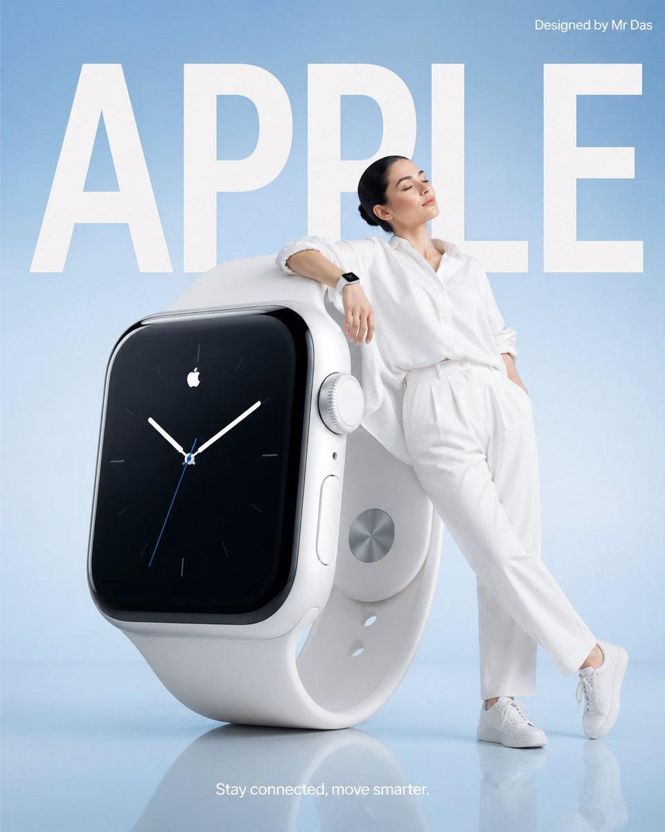 Minimalist commercial ad featuring oversized white smartwatch, ultra-clean design.…