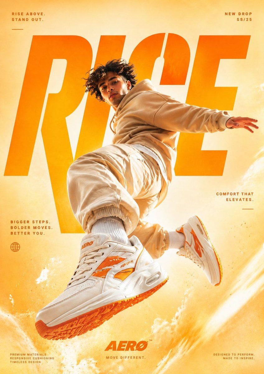 A cinematic, high-end sneaker advertisement poster featuring a young…