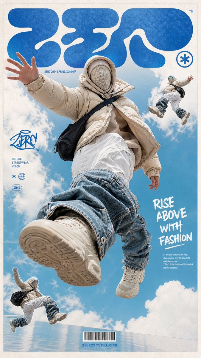一张高端潮流街头服装海报,画面主体是一位无脸的未来感模特漂浮跳跃在天空中,穿着超大号米色羽绒服、层叠兜帽和针织面罩,面部被完全遮住;下身穿白色宽松工装裤,裤腿外叠加夸张的浅蓝与深蓝堆叠牛仔护腿,脚穿米色运动鞋,背着黑色单肩包。 主体采用极低机位仰拍视角,腿部和鞋子被夸张放大,形成强烈的视觉冲击,仿佛人物正在从观众头顶跃起。动作充满反重力感,一只手向外伸展,一条腿向前踢出,整体姿态动感、飘浮、超现实。 背景是明亮的青蓝色天空和柔软白云,日光清透,空气感强。整体融合时尚大片摄影、超现实潮流广告和街头海报设计。在画面右上角和左下角加入两个缩小版的人物剪影拼贴,一个在空中漂浮,一个正在跳跃,形成时装杂志拼贴感。 海报排版为方形杂志封面设计,顶部加入巨大的抽象圆角字体,类似 Y2K 泡泡字和实验性街头品牌 LOGO;左侧加入小型涂鸦风品牌标识;右侧加入白色手写刷字标题“RISE ABOVE WITH…