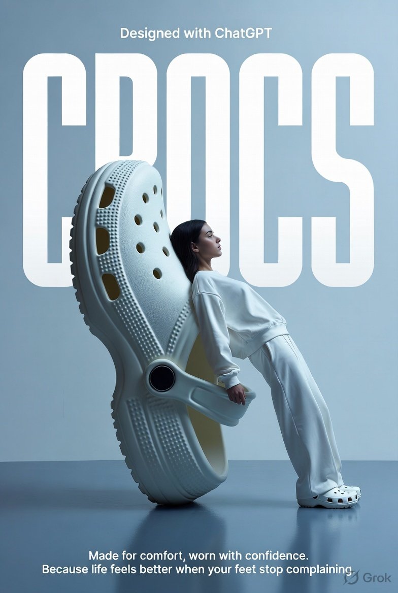 A high-fashion surrealist advertising poster for Crocs. The scene…