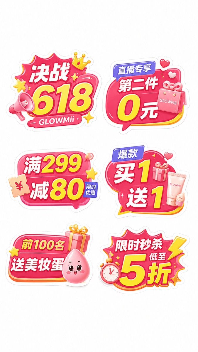 整张图里展示 6 个独立手举牌,每个手举牌都完整可见,彼此分开,不要重叠,不要合并成一个大牌,采用清晰的 2列×3行 排布,整体留白舒服,白色底干净整洁,突出每个手举牌本身。每个案例都是单独一张图,不要把多个案例合并在一起。 整体风格要求:参考高完成度商业促销手举牌物料风格,画面要有成熟商业感、原创性和较强细节,不要做得简陋,不要过于扁平,不要像幼儿园贴纸。每个手举牌都必须有明显的多层结构:厚白外描边、彩色异形主底板、内层高光描边、轻微立体感、适度投影、局部渐变、丰富但不杂乱的 3D 小图标、大字主信息、辅助小标签。整体要像真实可制作的 KT板…