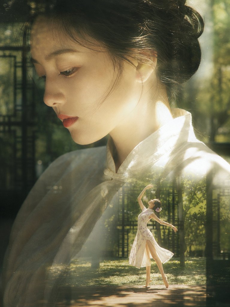 真人摄影、真实人物、梦幻电影感双重曝光人像,竖向画幅,低对比胶片柔焦与玻璃反射叠影。画面主视觉是巨大年轻女性侧脸肖像,占据左上到中部约60%,中近景偏特写,暖象牙白肤调受绿色窗外反射轻微偏青,右侧强阳光在鼻梁、脸颊、颈部形成奶白高光;黑色盘发,白色宽松立领上衣,哑光棉麻质感,肩颈和领口有自然褶皱。她头部微低,眼睑垂落看向左下,嘴唇自然闭合带淡珊瑚红,情绪安静内省。次视觉为底部中央偏右的小比例女性舞者,占比约18%,白底水彩花卉旗袍式轻薄舞裙,丝缎雪纺反光,淡紫花朵发饰,修长轻盈身形,单腿支撑、身体后仰,仰头面向光源,一臂上举遮光、一臂向外舒展。背景为中式窗格、庭院绿叶虚化、草地和木台,窗格黑线与树影作为暗部结构,不可喧宾夺主。色彩以黄绿色阳光和深绿阴影为主,白衣肤色高光为焦点,少量粉红花纹点缀;右上自然逆光偏硬但被玻璃扩散,局部过曝、轻微颗粒、边缘低清晰。避免生成动漫插画、普通清晰头像、完整大脸占满全图、底部舞者被放大成主角、背景文字或过度干净商业质感