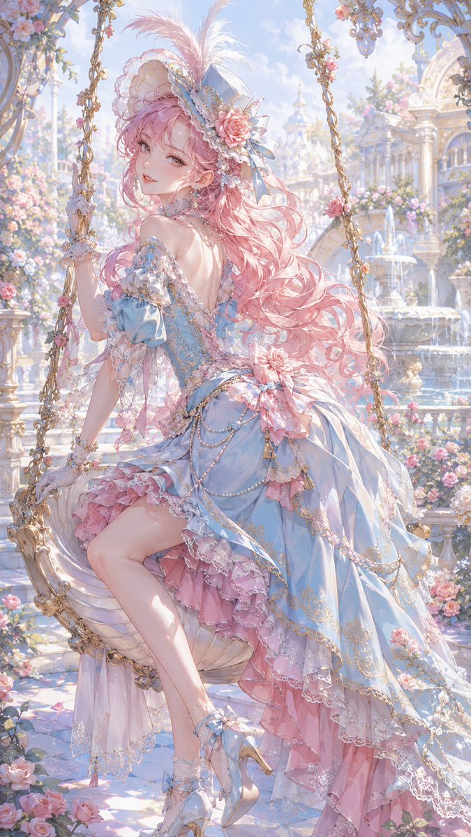 洛可可粉彩宫廷插画 原创成年二次元宫廷风偶像角色,粉金卷发,淡蓝与玫瑰粉礼服,羽毛小帽与珍珠短手套,神情轻快狡黠,坐在装饰花园的贝壳秋千上回头微笑。以「洛可可粉彩宫廷插画」作为具体画风锚点,重点呈现浅粉蓝色、轻盈衣料、曲线装饰、花园小景、柔和古典光影、绘画性表面和清楚人物轮廓。构图为斜向全身到七分身,人物与秋千形成 S 形曲线,背景有浅色喷泉、蔷薇和装饰栏杆,氛围明亮但不杂乱。角色设计可借鉴高品质日系幻想游戏角色的精致服饰和饰品语汇,但必须是原创角色,不要直接使用任何现成游戏或动漫角色,不要照搬具体版权画面。主体成年,脸部清楚,手部自然准确,画面干净,视觉重心明确,不要随机文字、logo、水印和品牌名,不要现实名人脸,不要儿童化,不要过度裸露。比例 9:16…