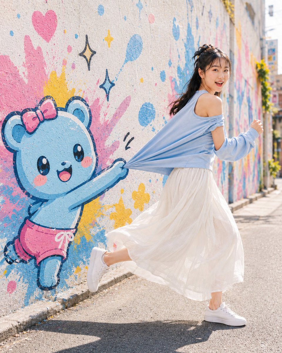 主題: 壁のくまと夏の路地 人物・表情: 20代女性。明るく健康的な雰囲気で、日差しに映える自然な白肌。顔立ちはやわらかく、黒髪のロングを軽くハーフアップにし、細い前髪と後れ毛が風で少し揺れる。メイクは透明感のある日系ナチュラルメイクで、ほんのり血色のある頬、つやを抑えた自然な唇。振り返りながらカメラを見る、開放感のある明るい笑顔。驚きと楽しさが混ざった表情。 服装・ポーズ: 淡いアイスブルーの夏向けトップス。右肩が自然に見えるアシンメトリーなオフショルダー風で、片側の袖が少したるむ軽やかなデザイン。ボトムは白いエアリーなロングスカートで、薄く透ける軽い素材が歩く動きで大きく広がる。足元は白いスニーカー。女性は前へ軽く駆け出す瞬間で、上半身は進行方向へ向きつつ、顔だけ後ろを振り返る。片腕は前に軽く曲げ、もう片方の袖の後ろ側が引っ張られている。左脚は後ろに軽く浮き、スカートの裾に動きが出る。 背景・光: 晴れた昼の路地裏。画面左側に長く続くコンクリートの壁があり、壁一面にカラフルなグラフィティが描かれている。主役のグラフィティは、パステル寄りの水色のくまキャラクター。大きな丸い目、ピンクのほっぺ、頭のピンクのリボン、ピンクのショートパンツで、全体にやさしく可愛い印象。キャラクターは完全に壁面の落書きとして描かれており、立体化せず、壁から飛び出さない。くまの手だけが女性の服の裾をつまんでいるように見える錯視的な構図。周囲にはハート、星、花、絵の具の飛沫のようなポップな装飾。光は右上からのやわらかな夏の日差しで、女性の顔、肩、スカート前面を明るく照らし、足元には自然な影が落ちる。背景の路地奥は少しぼけ、電柱や建物の気配を控えめに入れる。 構図・カメラ:…