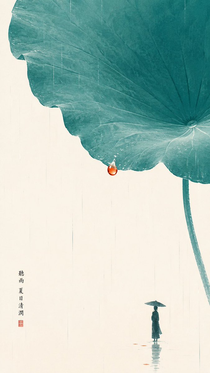 主题方向:东方禅意极简人物插画 风格分支:高对比清润型 主体内容:一位小人物站在巨大荷叶下听雨 情绪母题:清润、夏日、静气、生机 场景与意象:巨大松石青荷叶、橘红色水珠、人物剪影、米白背景、极简雨线 构图与空间:小主体大意象构图,荷叶从画面上方覆盖下来,人物位于下方偏侧,水珠作为视觉点睛 色彩控制:米白作为背景基底,松石青用于荷叶主体,橘红只用于一滴水珠 and 少量反光,人物用墨青小剪影;避免整图变成青绿色滤镜…