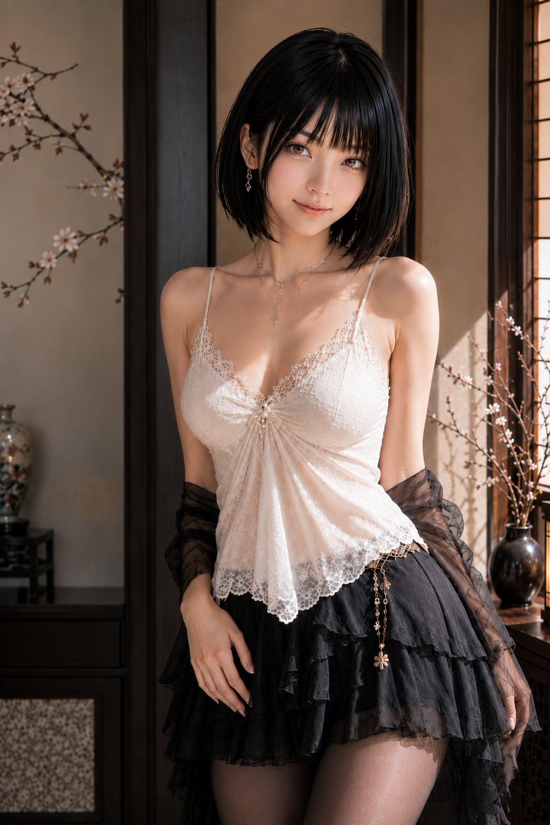 主題: 障子の午後 人物・表情: 20代女性。明るいアイボリーベージュ寄りの白肌で、ほんのりピンクの血色を含んだなめらかな肌質。頬、鼻先、肩、鎖骨に柔らかなハイライトが入り、白飛びせず自然な肌理を残す。顔立ちは小さめの卵型、柔らかい目元、すっと通った鼻筋、透け感のあるピンクベージュの唇。瞳は深いブラウンで、小さく澄んだキャッチライト。表情は穏やかで、口元にごく浅い微笑みを残しながらカメラを見る。メイクは上品で精密なドールライク日系メイク。淡いローズピンクのチーク、シャンパンベージュとピンクブラウンのアイシャドウ、細く長いまつ毛、繊細な下まつ毛、自然な涙袋、明るめブラウンの柔らかなアーチ眉。 服装・ポーズ: 髪は純黒のストレートボブ。薄めのシースルーバング、顔まわりに沿う軽いレイヤー、あご下で自然に内側へ入る毛先。髪表面には細いツヤと一本一本の毛流れを出す。 服装は白い繊細なレースキャミソール。極細の肩紐、V字気味の胸元、細密なレース縁、中央に小さなビーズ調の飾り、胸下から裾へ向かう放射状のギャザー。ボトムは黒いシアー素材のティアードミニスカートで、薄いチュールの段差と軽い透け感がある。右腰に華奢なチェーン飾りと小さな花モチーフ。腕には黒い透けるシフォンショールをゆるく掛ける。アクセサリーは細いシルバーの重ねネックレス、小さなペンダント、繊細な揺れるピアス。 身体は正面からわずかに斜め。上半身をほんの少し前へ預け、顔は少し画面左へ傾ける。人物自身の右手はスカート前で自然に下ろし、指先を軽く曲げる。人物自身の左腕は体側から後ろ寄りに下ろし、ショールが前腕にかかる。腰はわずかに画面右へ流し、重心は片脚寄り。 背景・光:…