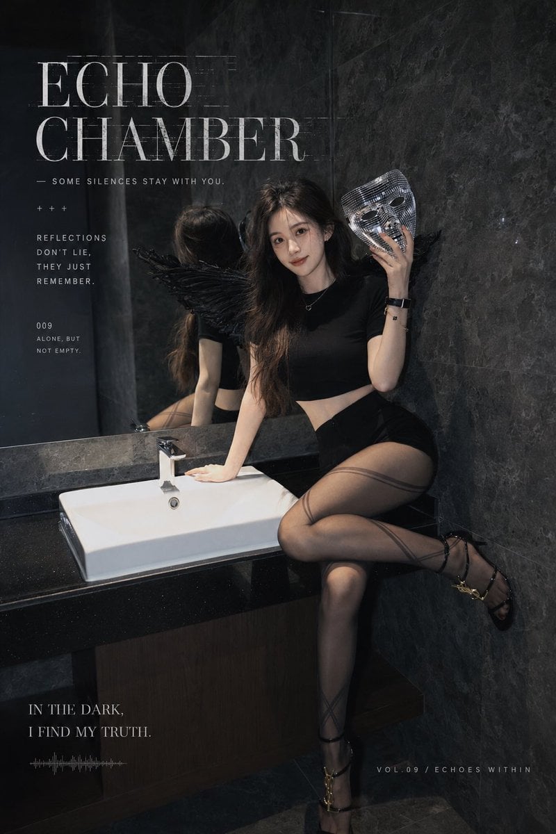 暗黑哥特风时尚杂志写真,成年亚洲女性模特,清冷甜美五官,长卷发,黑色短袖修身露腰上衣,高腰黑色短裙/短裤,半透明灰黑色纹理丝袜,黑色细带高跟鞋,佩戴细项链和黑色腕表,背后有黑色羽毛天使翅膀,手持银色镜面马赛克面具,神秘、孤独、安静、微笑克制的表情。 场景为高级酒店大理石洗手间、黑色大理石墙面、镜面反射、暗色休息区、黑色木饰面、深色空间,低调奢华氛围。整体光线为暗调闪光灯写真,冷灰色调,高对比,局部高光,真实皮肤质感,轻微胶片颗粒,写实摄影,杂志大片质感。 画面加入高级英文杂志排版,大号白色衬线字体,带轻微故障风、划痕、破损、静电干扰效果,文字主题围绕孤独、回声、沉默、黑暗、面具、天使翅膀,例如: “LONELY SIGNAL” “ECHO CHAMBER” “NOISE ANGEL”…