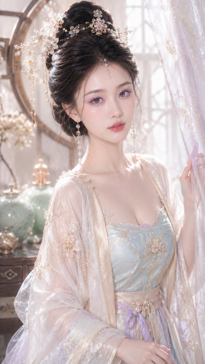 9:16 竖版,古风贵女梦幻水光妆写真,东方古风贵女美妆特写,胸像到腰部以上近景构图,正面轻侧身,人物身体轻微形成柔和 S 型轮廓,镜头距离较近,脸部与上半身占画面主体。画面主体是一位年轻成年东方女性,视觉年龄约 20–28 岁,明确成年,世家小姐气质,梦幻、温柔、清贵、含蓄、富养、精致,姿态优雅安静,眼神柔和看向镜头,嘴唇微微张开,带一点含蓄的柔媚感但不低俗。 人物五官精致柔和,小巧鹅蛋脸,面部轮廓流畅,面中饱满,下颌线干净,清亮杏眼,眼尾微微上扬,鼻梁秀气挺直,唇形柔软饱满,皮肤瓷白细腻通透,带明显水光质感。妆容为淡紫琉璃珠光水光妆,妆感清晰精致可见,不要淡妆感。眼妆为淡紫玫瑰棕渐层眼影,眼窝有清晰淡紫铺色,眼尾玫瑰棕轻微加深,下眼睑有淡紫珠光,卧蚕珍珠光明显可见,睫毛根根分明,细致干净眼线。面中腮红柔和但清晰可见,带淡粉玫瑰气色。鼻梁、鼻尖、眼下、颧骨、唇峰有细腻水光高光。唇妆为浅玫瑰玻璃唇,唇面有明显透明水光层、湿润反光和果冻光泽。 服装为轻华丽精致的古风贵女襦裙体系,主色为珍珠白、浅金、水青、淡杏白,淡紫只作为局部呼应。服装不要全紫,不要同色滤镜。上身为精致水青玉白抹胸襦裙,带浅金刺绣、淡紫花纹、珍珠细节和细腻花纹绣片,外搭半透明轻纱披帛,纱衣柔软通透,有细密金线刺绣和珠光反射。胸部饱满自然,胸部肌肤大部分被服装包裹,但能看到清晰胸线与自然高光,锁骨、肩颈线、胸线、细腰 and…