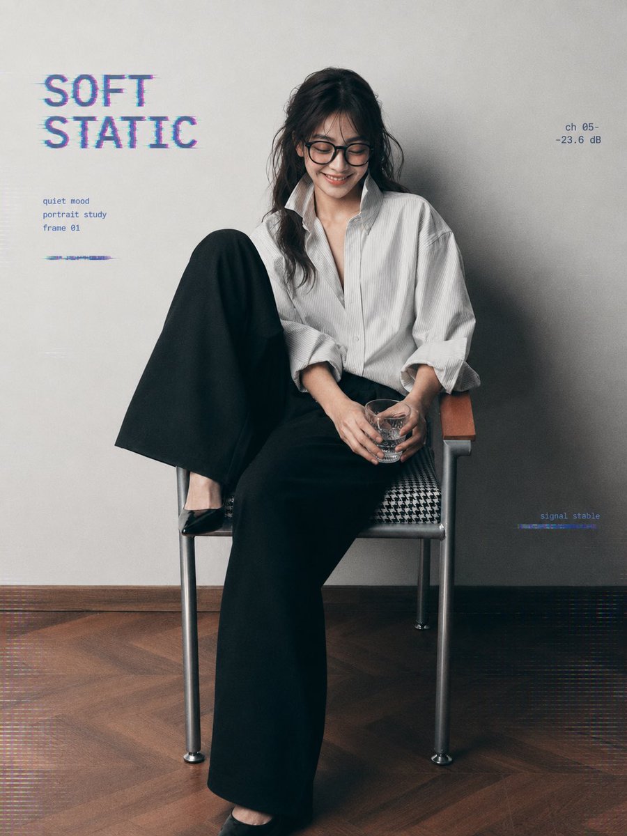 { "task": "portrait_replacement_editorial_series", "goal": "将原图中的人物替换为用户上传的人像参考,保留原图构图、姿势、表情、光影和极简杂志感,同时移除所有logo、水印、商标、署名与版权相关元素,并加入原创故障风英文排版。", "reference_usage": { "uploaded_portrait": "使用用户上传的人像作为唯一身份与面部参考",…