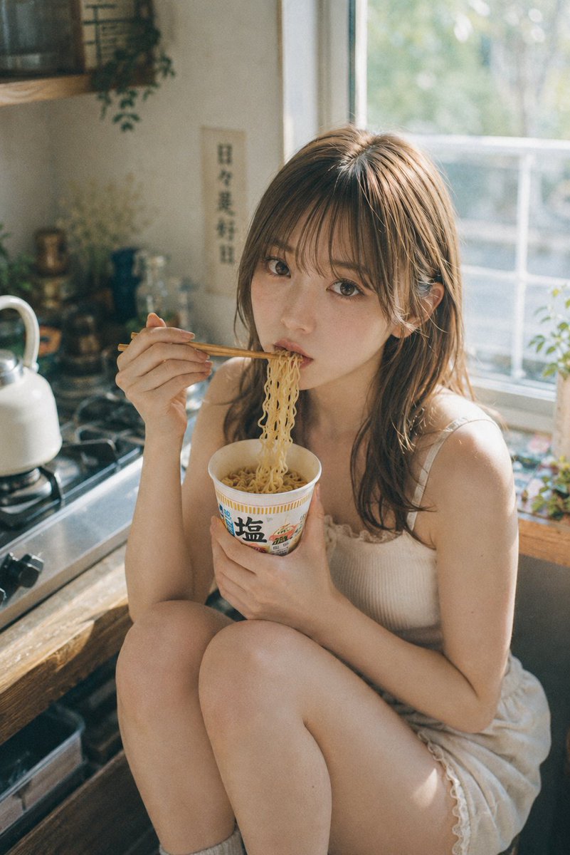 主題: 湯気の向こう 主体: 縦長2:3。小さな日本のキッチンで、若い女性が窓際の丸い木製スツールに座り、カップ麺を食べている。人物は画面中央やや右を占め、頭から太ももまでを大きく写す。曲げた両膝が下半分の前景をつくり、カップ麺は胸元の中央、箸と垂れた麺が顔へ視線を導く。 人物・表情: 自然で若々しい雰囲気の女性。明るいアイボリーベージュの肌に、頬と鼻先へ淡い血色を残し、毛穴や細かな肌理が見える現実的な質感。ローズピンクのチーク、ピンクブラウンのアイメイク、細く長いまつ毛、自然な涙袋、柔らかなブラウン眉、透け感のあるピンクベージュの唇。麺を少し口に含んだ瞬間に動きを止め、大きな瞳で静かにカメラを見る。 服装・ポーズ: 明るいミルクティーアッシュブラウンのミディアムロング。薄いシースルーバングと顔まわりのレイヤー、毛先はゆるい内巻きと自然な波を混ぜ、耳の後ろへ一部だけ流す。細い髪の束、柔らかなツヤ、窓光を受けた金色のハイライトを描く。服はアイボリーの細い肩紐のリブキャミソールと、軽いコットン素材のショートパンツ。本人の右手で木の箸を持ち、左手でカップを包む。両膝を胸元へ寄せ、狭い椅子の上で身体を小さくまとめる。 背景・光:…
