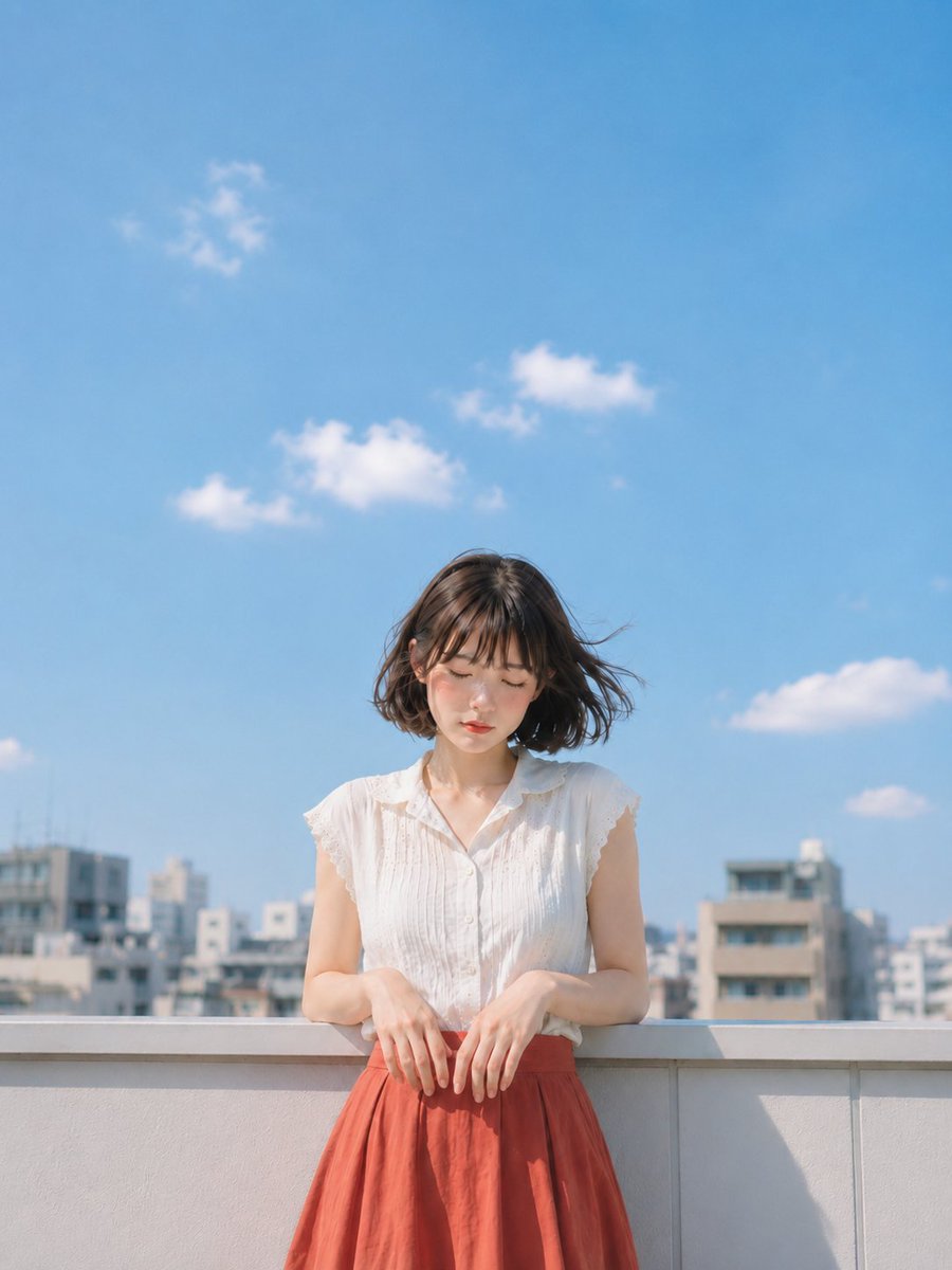 主題: 雲を数える手 主体: 縦長4:5の写真風ポートレート。明るい夏空の下、都会のマンション屋上で、自然な雰囲気の女性が白い手すりにもたれて立っている。人物は画面中央やや下寄り、上半身から膝上までが入り、画面上部の約半分以上は青空の広い余白にする。 人物・表情: 短めのダークブラウンのボブヘア。薄い前髪と顔まわりの髪が風で軽く横へ流れている。目を閉じ、口元は力を抜いた静かな表情。頬に自然な血色と小さなハイライトがあり、清潔感のある日系メイク。顔はわずかに下を向き、まぶしい夏の日差しを受け止めているような穏やかな印象。 服装・ポーズ: 白いノースリーブの夏ブラウス。胸元に細かなピンタック、袖口に控えめなレース、薄手コットンの軽い透け感。下は赤みのあるテラコッタカラーのハイウエストスカート。両肘を手すりの内側に近づけ、両手を前に垂らす。人物自身の左右の指先は自然にゆるく曲がり、手すりの上で重力に沿って落ちる。肩と首まわりは脱力して、風を受けて髪と服の端だけが少し揺れている。 背景・光:…