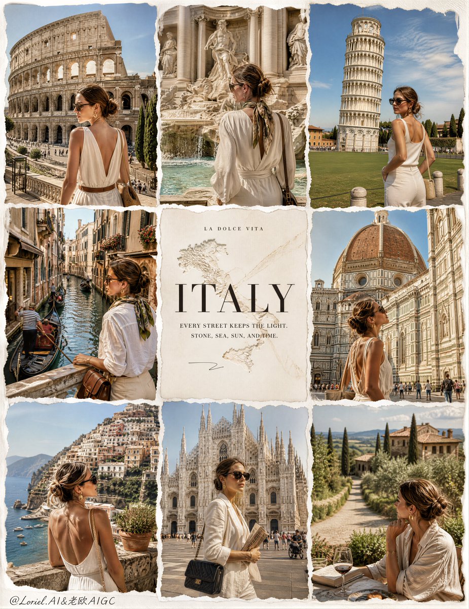 Create an ultra-premium 3x3 travel campaign board for ITALY,…