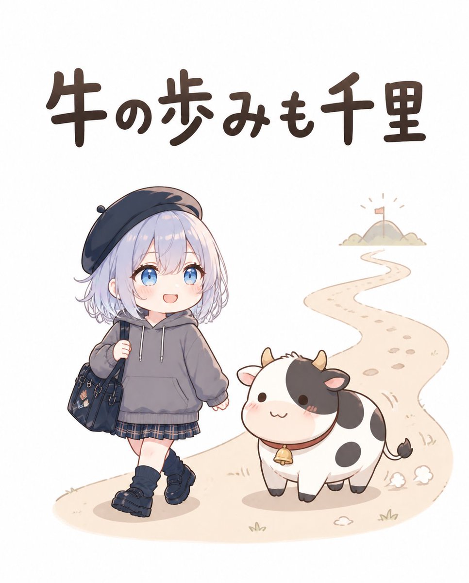 【目的】 添付されたキャラクター画像を主参照として使用し、キャラクターの顔立ち、髪型、髪色、瞳の印象、表情、衣装の核、装飾、配色、シルエット、空気感を保ったまま、日本のことわざ「牛の歩みも千里」をテーマにした、かわいらしい低頭身デフォルメの1枚絵を生成してください。 【主題】 ことわざは「牛の歩みも千里」に固定してください。 意味は「歩みが遅くても、着実に進めば遠くまで行けること」です。 この意味が一目で伝わるように描いてください。 【キャラクター表現】 2〜3頭身程度の低頭身デフォルメで、丸みがありやわらかく親しみやすい絵柄にしてください。 ただし添付画像のキャラクターらしさが一目で分かるよう、髪型・髪色・瞳・衣装・装飾・モチーフ・配色・雰囲気は明確に残してください。…