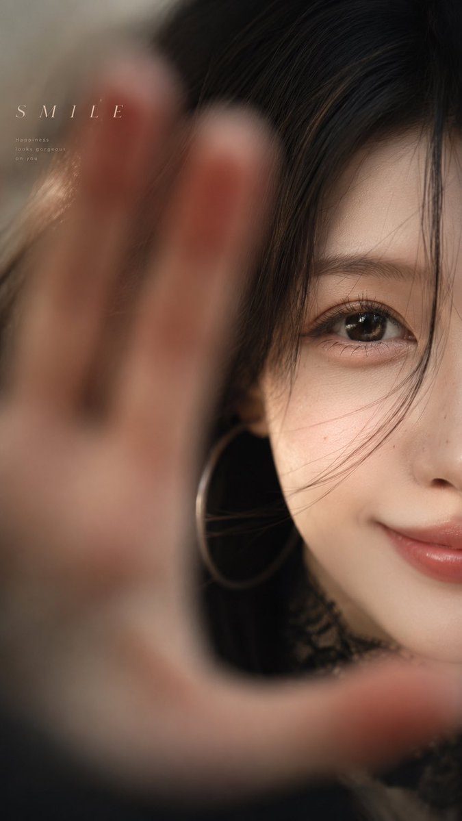 以上传图片为参考,手掌贴近镜头形成的前景虚化、单眼特写、拍摄角度、动作姿势、光影、景深与情绪氛围。 人物保持同一张脸、五官比例、长黑发、真实皮肤纹理与自然妆容,头发有少量碎发落在脸侧。面部不能僵硬,眼神要真实、有情绪,不要怪异,不要过度磨皮。 生成四张独立图片,不要拼图: 开心:眼神明亮,嘴角自然微笑,温暖柔和氛围 惊悚:瞳孔紧张,眼神惊恐,嘴唇微张,冷暗悬疑氛围 生气:眉头微皱,眼神锐利,嘴唇紧绷,压迫感明显 悲伤:眼神湿润低落,嘴角轻微下垂,安静忧郁氛围 每张图片加入少量极简英文排版作为视觉点缀,字体纤细、字距较大,放在画面留白区域,不遮挡人物。 英文标题分别使用:…