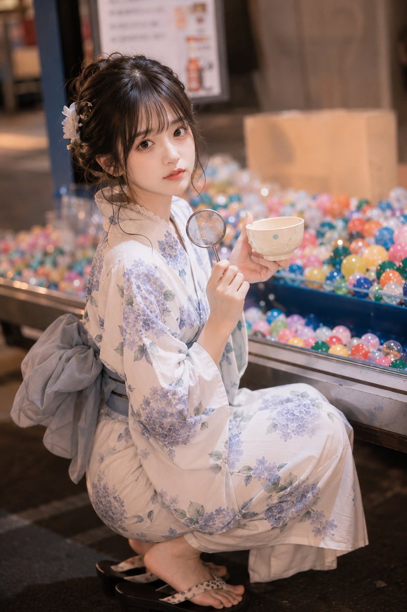 主題: すくった夏色 主体: 縦長3:4の写真。夏祭りの縁日で、色とりどりの水風船が浮かぶ水槽の前にしゃがむ若い女性を、画面中央やや左へ配置する。人物は全身の約8割が入り、右側には水槽とカラフルな水風船を広く見せる。女性は片手に小さな金魚すくい用の網、もう片方の手に白い小鉢を持つ。 人物・表情: 自然で親しみやすい日系の顔立ち。透け感のある明るい肌、丸みのある大きな瞳、細く柔らかな眉、淡いコーラルピンクのリップ。表情は静かで少しだけ物思いにふけるような落ち着いた雰囲気。顔をやや画面左へ傾け、視線は正面のカメラへ向ける。髪は深いダークブラウン。薄いシースルーバングと、後頭部を低い位置でまとめた柔らかなアップヘア。顔まわりに細い後れ毛を残し、左耳の後ろに小さな白い花飾りを添える。 服装・ポーズ: 白地に淡い藤色と青紫の紫陽花が散る涼しげな浴衣。帯はくすんだブルーグレーで、背中に大きめだが軽やかな文庫結び。足元は黒い台に淡い花柄の鼻緒を合わせた下駄。水槽の横で膝を深く曲げてしゃがみ、背筋はやや伸ばす。人物自身の右手で丸い小さな網を胸元に持ち、左手で白い小鉢を水槽の上へ差し出す。袖口は腕の動きに沿って自然に落ち、浴衣の裾には膝と足首の曲げに応じた細かな皺を入れる。 背景・光:…