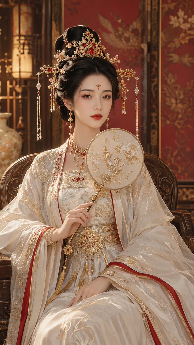 9:16 竖版,高精度古风仙侠贵女精修写真,唐风幻想审美,华丽精修角色海报感,整体画面贵气、端庄、明艳、克制、压场,具有内室贵女的高位女主气质与强完成度。画面主体是一位年轻成年东方女性,视觉年龄约 20–28 岁,具有自然明确 of 东方女性特征,不欧美化,不幼态化,不网红脸。她拥有古典鹅蛋脸,面部轮廓流畅秀美,丹凤眼偏长,眼神沉稳克制、带压场感,鼻型秀挺流畅,唇形清晰柔润,整体呈现端庄而有气势的东方贵女气质。肌肤白皙细腻、通透精修,带柔和高级光泽。 妆容为胭脂贵女妆,妆容浓度偏贵气,重点强化唇妆、眼尾晕染与花钿。底妆白皙细腻、通透平整,眼妆以胭脂红、红棕、暖棕与少量金棕做细腻晕染,重点集中在眼尾与上眼睑后段,强化偏长丹凤眼的贵气与明艳感;眼线细致清晰略微拉长,睫毛纤长分明;腮红弱到中等,仅作气色承托;唇妆为胭脂红、正红偏暖或绛调红,质感饱满柔润,边界清晰;额间有精致小面积金红花钿,细节清楚但不过度夸张;面部高光轻微提亮鼻梁、鼻尖、眼下、颧面与唇峰。妆容要有贵女气势,红色集中在唇妆、眼尾和花钿位置,不做全脸泛红效果。 发型为高髻盘发,两侧少量长发垂落,发顶结构端正蓬松,带礼制感与贵女气场。头饰等级为华丽,佩戴金饰发冠、红宝石点缀、珍珠流苏、金链结构件、精致花饰与细致步摇,整体华丽但不杂乱,耳饰为金饰长坠耳环,点缀珍珠与红宝石,首饰在柔光中有细碎高光闪烁。服装为华丽唐风大袖衫,属于高华丽度古风贵女妆造,搭配金属腰饰,配色采用白红金系,以象牙白、珍珠白、暖白为主色,朱红、胭脂红、绛红为辅色,金色、香槟金与少量红宝石光泽为点缀。服装主体以白金为主,局部用红色做边饰、内衬层次与细节强调,避免整件服装过度泛红。大袖结构明显,衣襟、袖缘、肩部与胸前带精致金线刺绣、凤凰纹、宝相纹、云纹或宫廷花纹,腰部配精致金属腰饰、垂坠腰链与白玉、红宝石小饰件,整体华贵庄重、层次丰富。 人物端坐在雕花椅上,正面构图,镜头略低角度拍摄,增强高位感与压场气势。她手持团扇半遮胸前,团扇可为白底金纹或浅色绢面搭配红金细节,姿态端庄优雅,肩颈打开,背部挺直,神情沉稳克制。场景为朱砂屏风前、宫灯内室、金纹地毯环境,背景为虚化朱砂屏风、宫灯与金色纹样,可见暖金宫灯光、屏风轮廓…