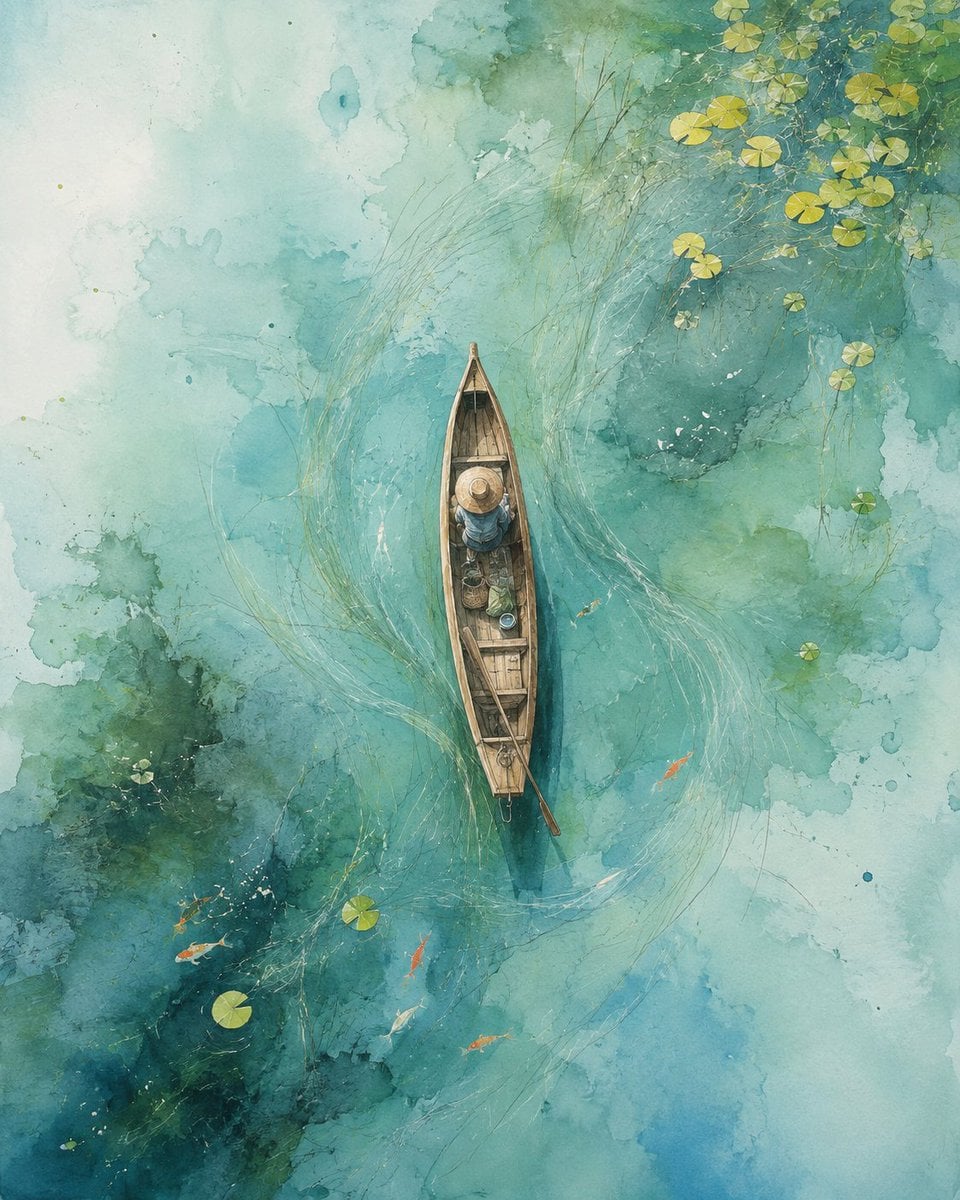 手绘环境插画,现代水彩概念场景风格,以透明水彩铺色和松散铅笔墨线为主,仅局部出现不透明厚涂、干刷颗粒与即兴笔触。正上方俯视一片青绿色池塘,一艘尺度较大的狭长木船纵向贯穿画面中部,略微偏离中心,船内坐着戴宽檐帽的人物,并放有包袋、划桨和少量生活杂物,人物仅作为小尺度叙事元素。细长水草和浅绿色水流线从船体周围向外弯曲延伸,形成自由、放射状的流动动线。少量亮黄绿睡莲叶不均衡地散落在画面边缘,局部聚集,大片水面保持空旷。水下深苔绿色植物、蓝绿旋涡和数条橙白红小锦鲤若隐若现,避免全部清晰刻画。整体以湖水蓝、青绿和深苔绿为主,淡黄绿与橙红仅作少量跳色。船体相对清晰,周围水面逐渐抽象松散,保留大块透明色域、不均衡留白与未完成感,避免纹理均匀铺满。