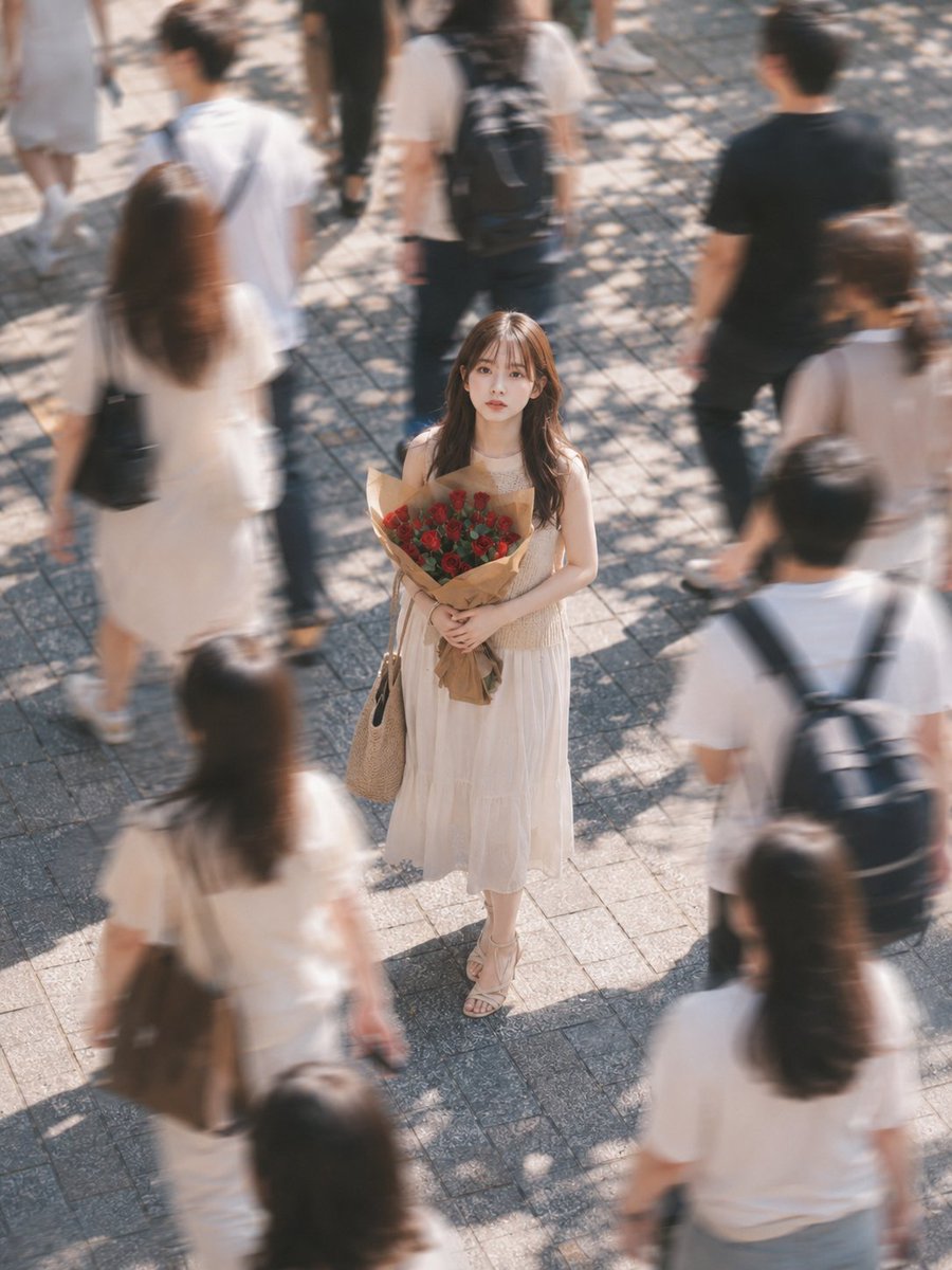 主題: 人波に止まる赤薔薇 主体: 大勢の通行人が行き交う石畳の広場で、白いロングドレス姿の若い女性が赤い薔薇の大きな花束を抱えて立つ全身像。画面中央の女性だけを静止して鮮明に写し、周囲を四方へ流れる人々は強い動体ぼけにする。 人物・表情: 小さな卵形の顔を上方のカメラへ向け、濃茶色の大きな瞳でまっすぐ見上げる。細い眉、淡い珊瑚色の唇を閉じた少し戸惑う静かな表情。胸下までの茶色い長髪は中央分けの薄い前髪と緩いウェーブで、両肩へ流れる。 服装・ポーズ: 温かい白色のノースリーブロングドレス。胸元に細かな透かし編みのレーストップを重ね、腰下は薄い布のティアードスカート。白い細ストラップサンダル、画面左肩に生成り色の編みバッグ。両腕を胸前へ曲げ、茶色い包装紙に包まれた多数の赤い薔薇を両手で持つ。片足をわずかに前へ出して直立する。 背景・光:…