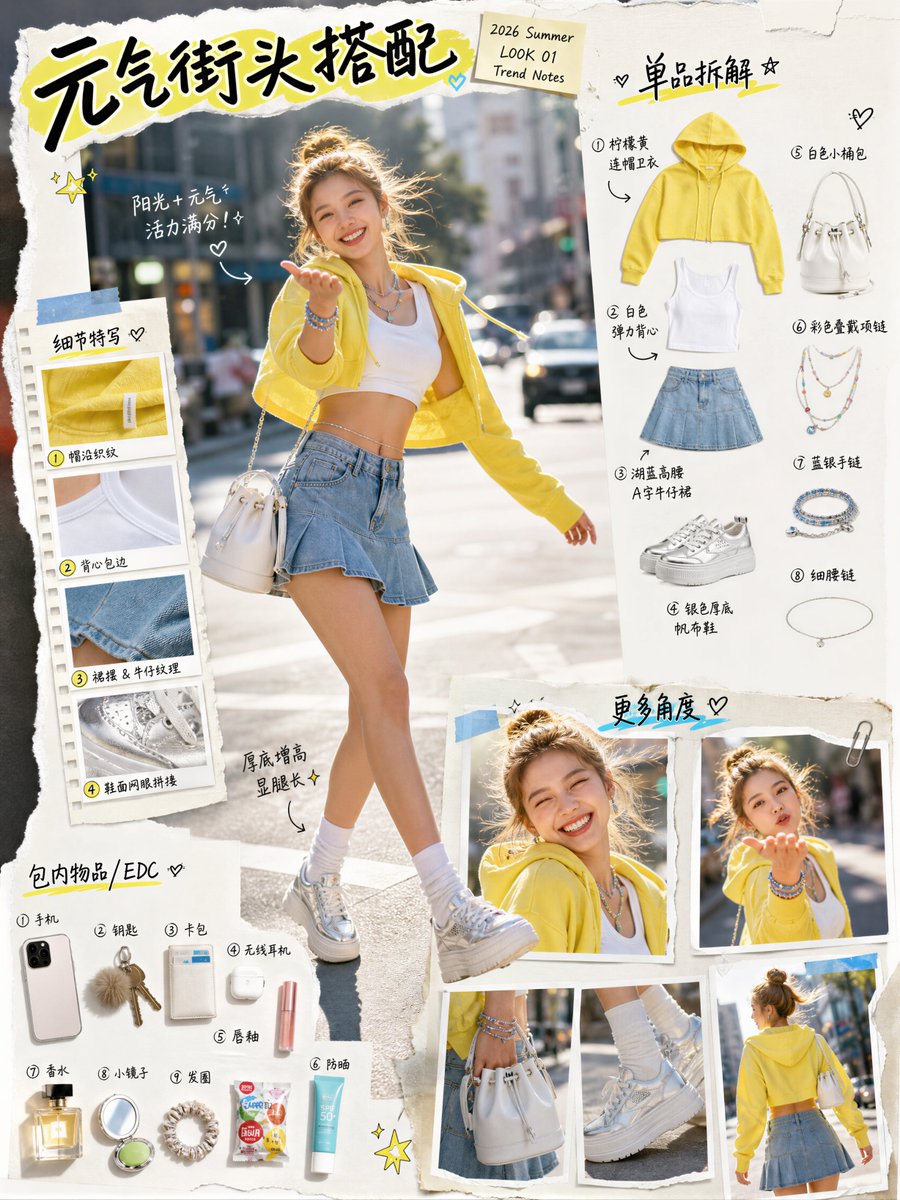 竖版 3:4 写实“街拍杂志感穿搭拆解版面(fashion editorial outfit breakdown board)”,编辑拼贴风:不对称排版、留白、撕纸边缘、胶带贴纸、图片边框轻微错位重叠;整体轻盈明亮、年轻、阳光、有活力,带一点性感但不低俗。全页加入“时尚随记”文字元素:中文短标签、短句、编号、箭头涂鸦、圈点、手写笔触、荧光笔划线、爱心/星星小 doodle,但不出现大段长文。 左上角主标题为中文:“元气街头搭配”(固定位置)。标题不要正规印刷体、不要规整黑体;改为手写趣体/涂鸦字:粗马克笔手写,笔画粗细不均、略歪、字距不齐、带连笔速度感;标题整体轻微旋转…