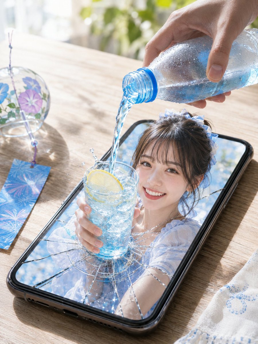 主題: 画面を越える夏ソーダ 主体: 明るい木のテーブルに置かれた巨大な黒縁スマートフォンから、女性の手と青いソーダのグラスが立体的に飛び出すフォトリアルな錯視作品。画面上部右から別の手が透明ボトルを傾け、勢いのある水流をレモン入りグラスへ注ぐ。スマートフォン画面はグラスの根元を中心に放射状にひび割れる。 人物・表情: スマートフォン内には一人の20代女性の胸上像。丸みのある卵形の顔と小さな顎、横長のダークブラウンの瞳、細い緩い眉、小さく丸い鼻先、自然な厚みの艶のあるコーラルピンクの唇。顔を正面へ向けてカメラを見つめ、白い歯を見せて明るく微笑む。薄いブラウンのアイラインと桃色の頬。ダークブラウンの髪を高い位置でまとめ、細い前髪と顔まわりの後れ毛、青白のフリル飾りを付ける。 服装・ポーズ: 白と淡い水色の透ける薄布を重ねたパフスリーブトップ、肩まわりの細かなフリル、銀色の細いネックレス。人物自身の右腕を画面手前へ伸ばし、透明な背の高いグラスを大きく握る。グラスには鮮やかな青い炭酸水、氷、薄いレモンスライス。上部右の別の成人の右手は水滴の付いた透明ボトルを横向きに持ち、青い口輪から水を注ぐ。 背景・光:…