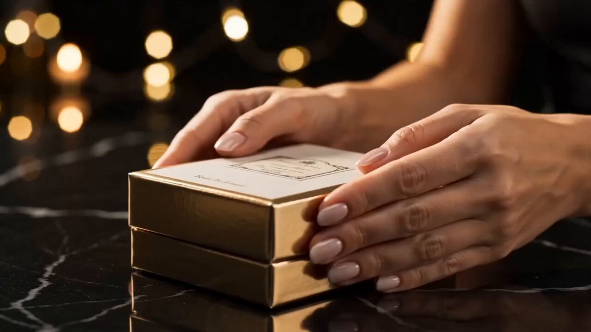 Ultra-realistic luxury UGC ASMR perfume review video. Warm golden…
