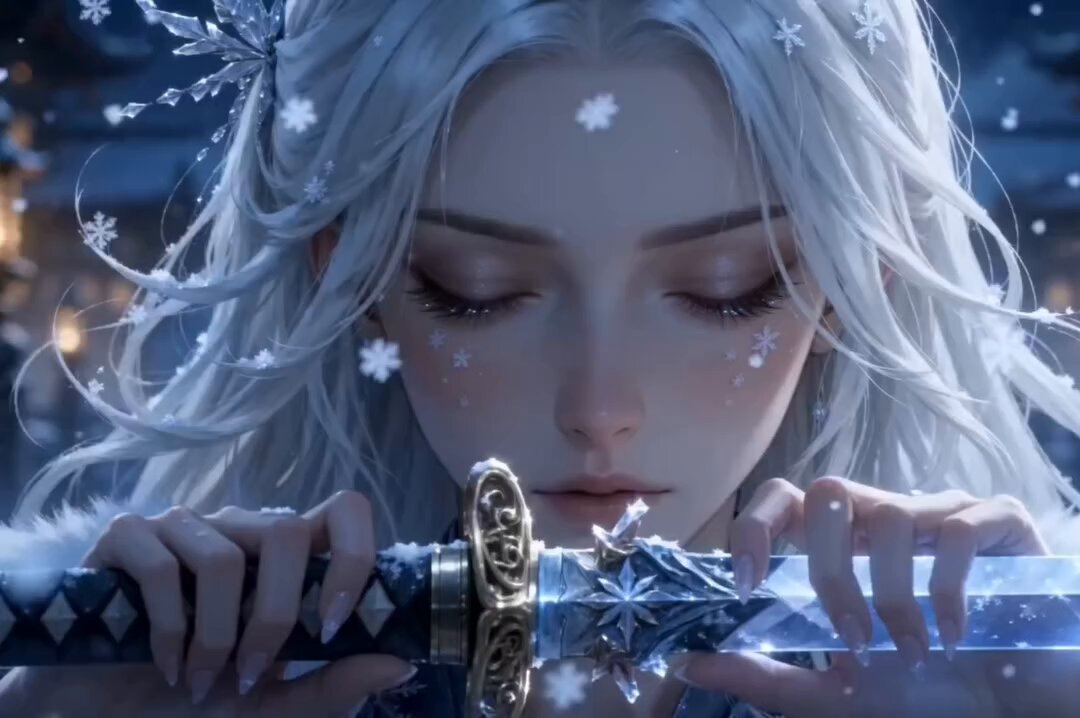 Reference character: an elegant ice assassin with long platinum-white…