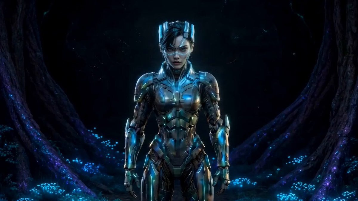 Cinematic sci-fi action sequence tracking a futuristic female warrior…