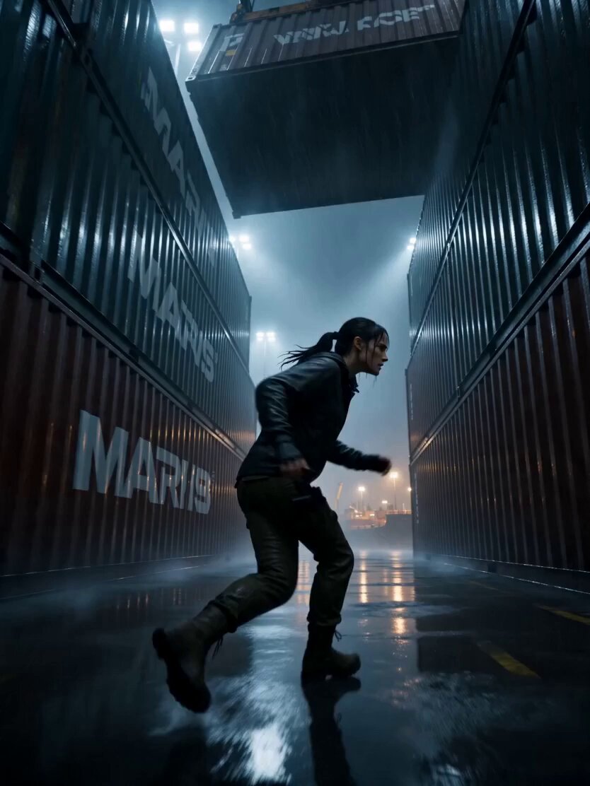 Ultra-photorealistic cinematic 15-second action sequence from a grounded heist…