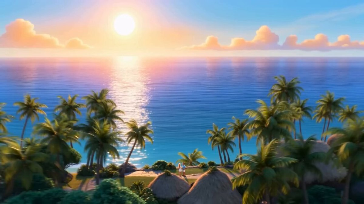 Style: High-end 3D animation, expressive character acting, vibrant sunset…