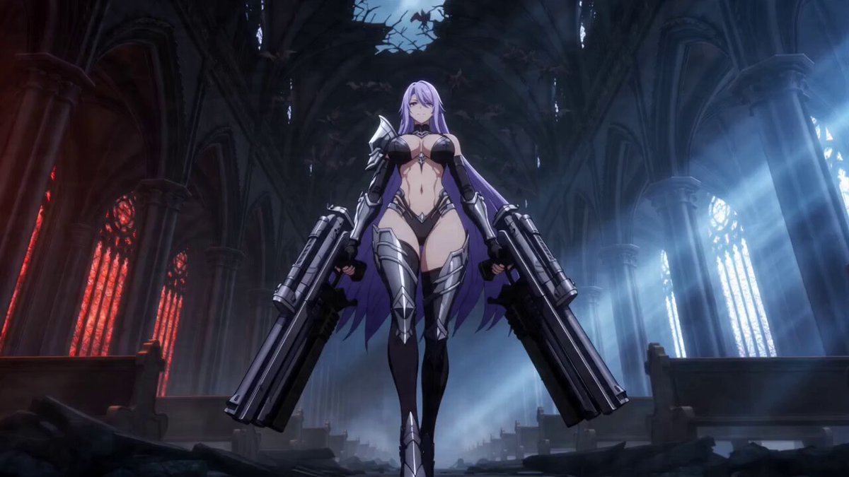 An adult demon huntress with long violet hair, a…